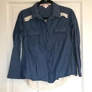 Chambray and Lace Button Down Top